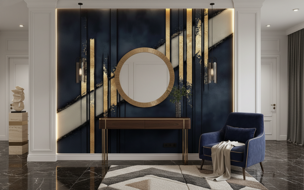 Papier Peint Géométrique Art Déco Bleu Marine et Or - Entrée