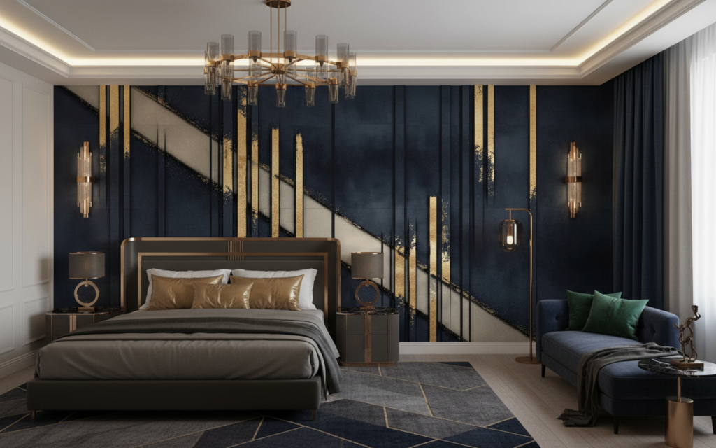 Papier Peint Géométrique Art Déco Bleu Marine et Or - Hôtel