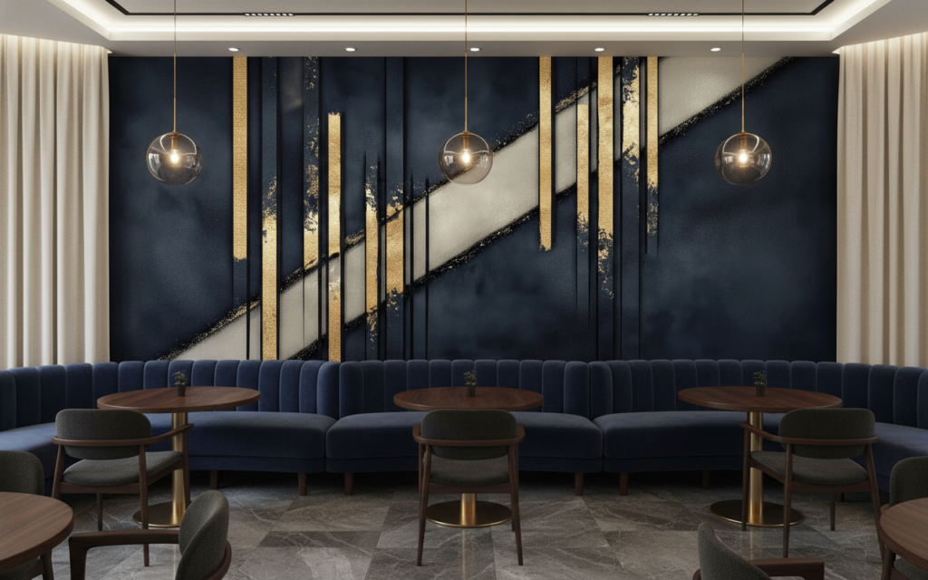 Papier Peint Géométrique Art Déco Bleu Marine et Or - Restaurant