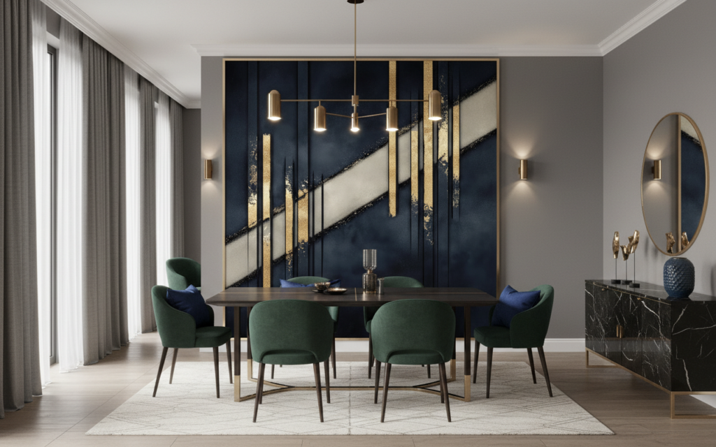 Papier Peint Géométrique Art Déco Bleu Marine et Or - Salle à manger