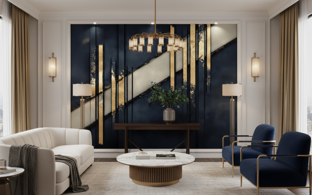 Papier Peint Géométrique Art Déco Bleu Marine et Or - Salon / Séjour