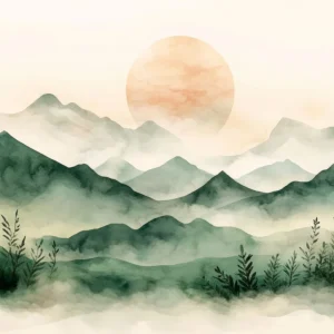 Papier peint montagnes vaporeuses avec coucher de soleil aquarelle zen