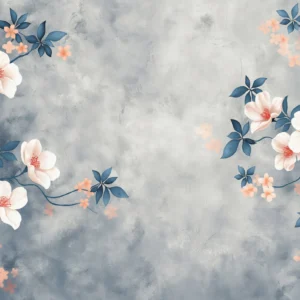 Papier peint floral délicat avec branches fleuries sur fond nuageux gris