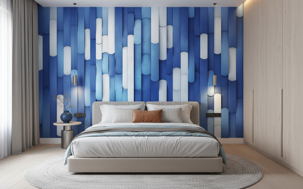 Papier Peint Géométrique Cylindres 3D Dégradé Bleu Marine - Chambre adulte