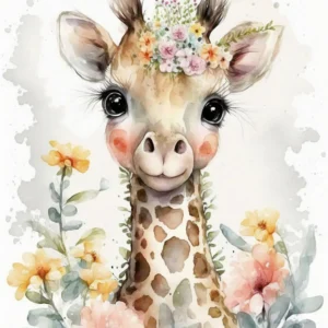 Papier Peint Girafe Aquarelle Florale Chambre Enfant Bohème