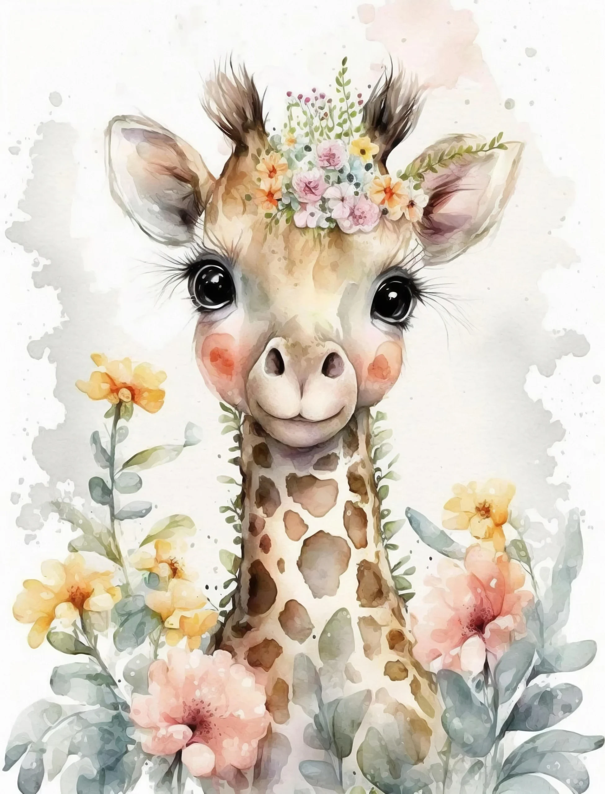 Papier Peint Girafe Aquarelle Florale Chambre Enfant Bohème