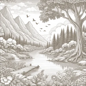 Papier Peint Gravure Paysage Montagnard Vintage Noir et Blanc