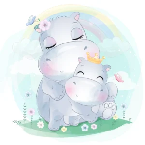 Papier Peint Hippopotames Mignons Arc-en-ciel Aquarelle Chambre Enfant