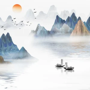 Paysage Montagneux Asiatique avec Lac et Bateaux Traditionnels