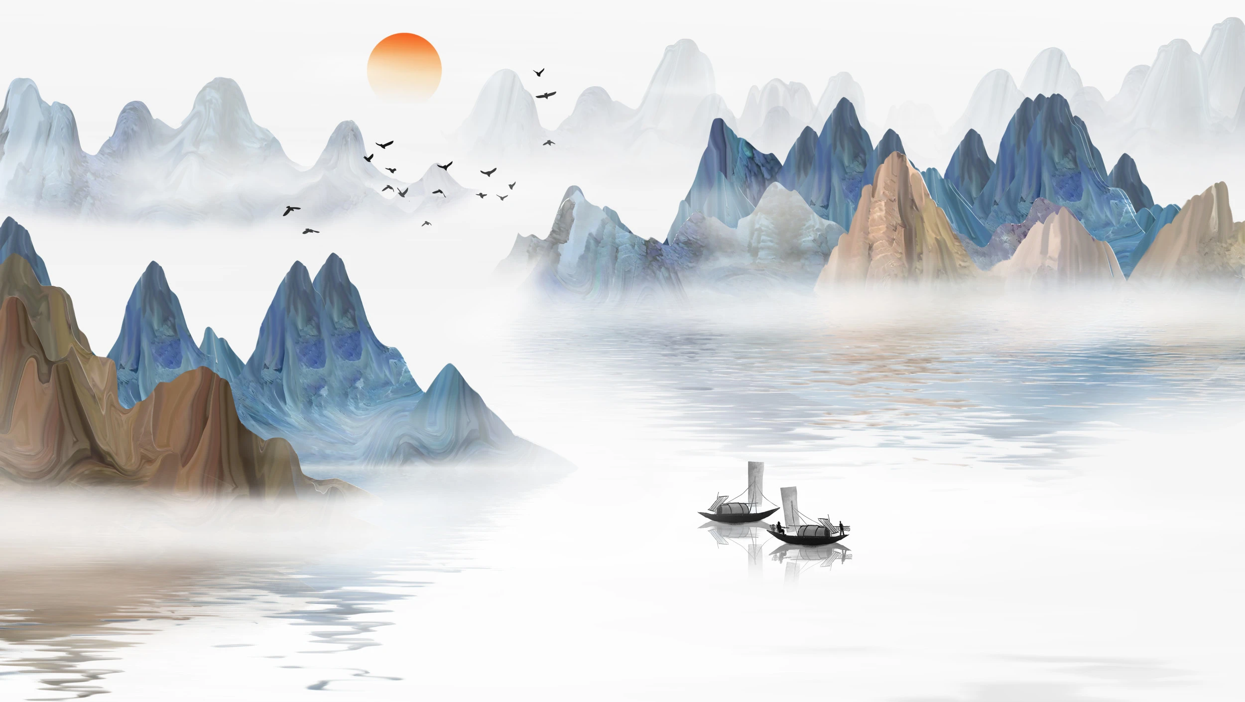 Paysage Montagneux Asiatique avec Lac et Bateaux Traditionnels