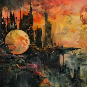 Papier Peint Industriel Post-Apocalyptique Ville Futuriste Orange