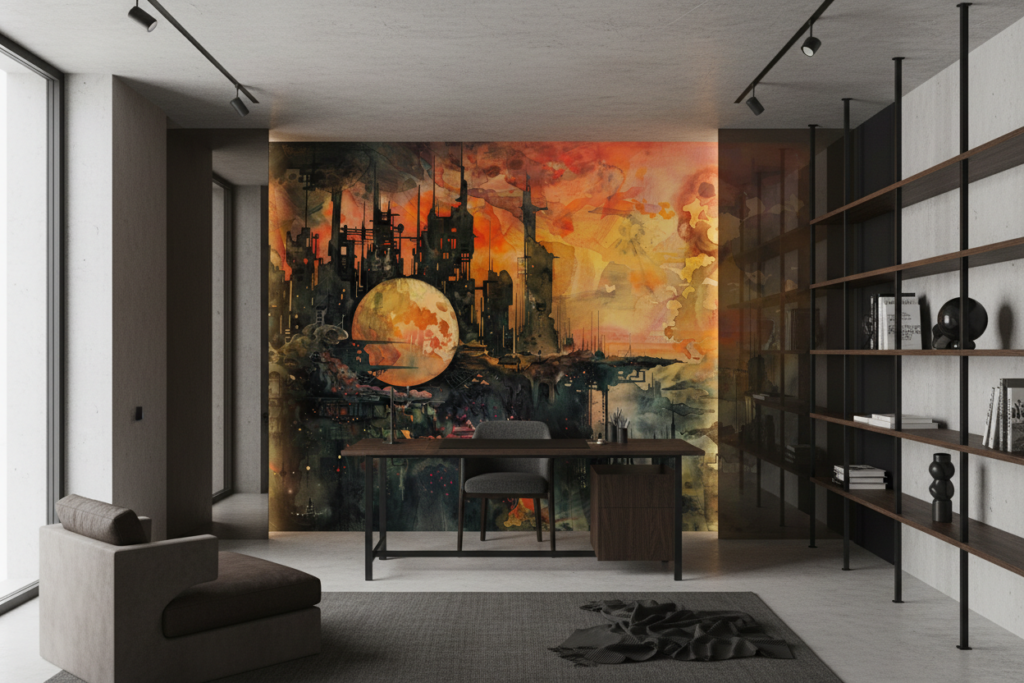 Papier Peint Industriel Post-Apocalyptique Ville Futuriste Orange - Bureau