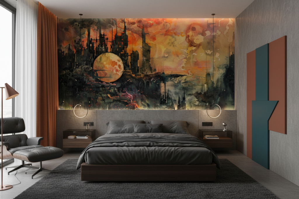 Papier Peint Industriel Post-Apocalyptique Ville Futuriste Orange - Chambre adulte