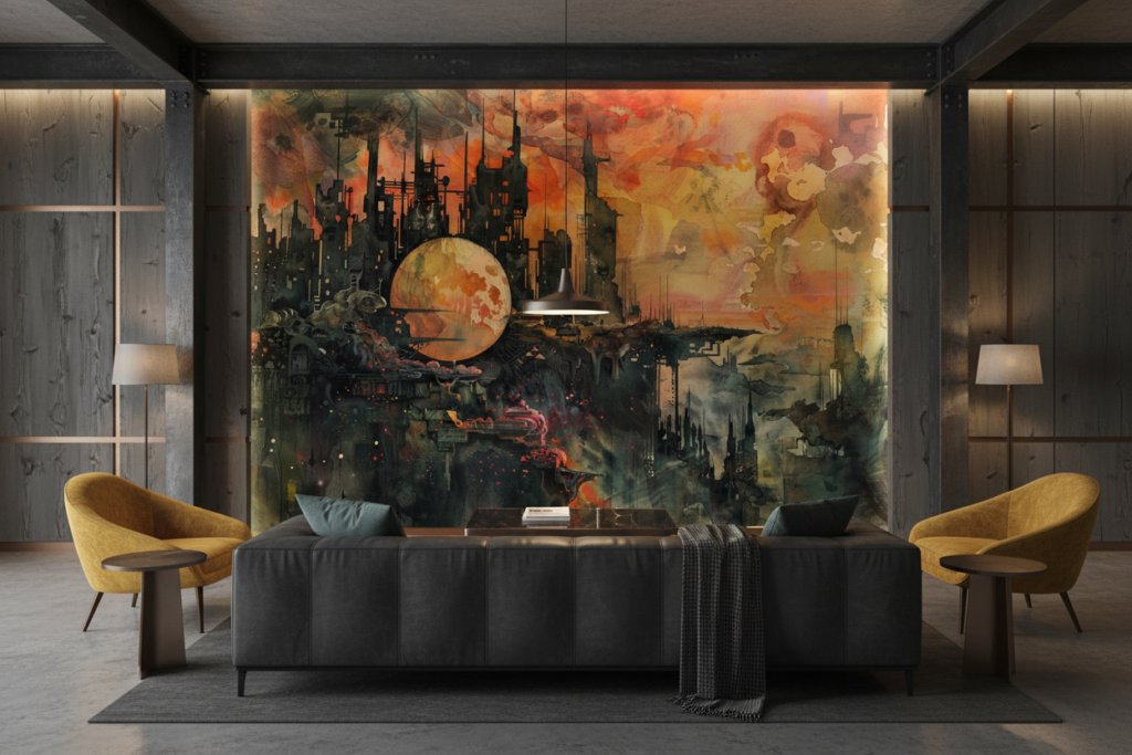 Papier Peint Industriel Post-Apocalyptique Ville Futuriste Orange - Hôtel