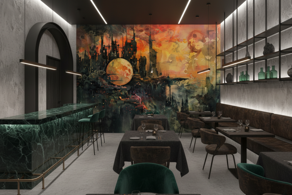 Papier Peint Industriel Post-Apocalyptique Ville Futuriste Orange - Restaurant