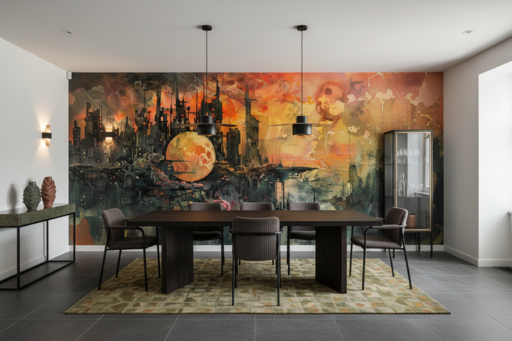 Papier Peint Industriel Post-Apocalyptique Ville Futuriste Orange - Salle à manger