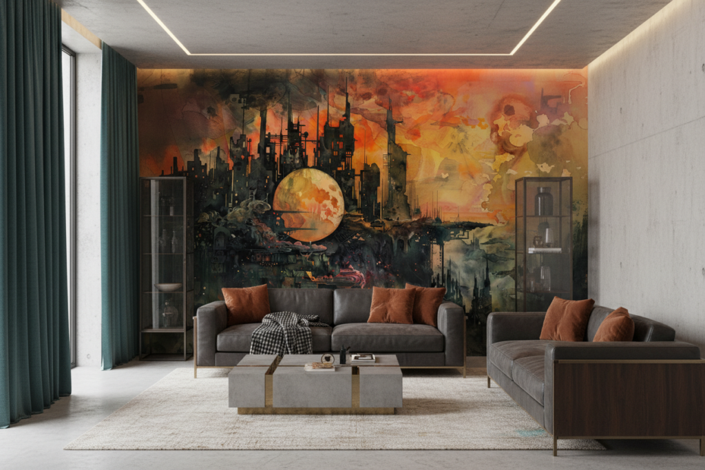 Papier Peint Industriel Post-Apocalyptique Ville Futuriste Orange - Salon / Séjour