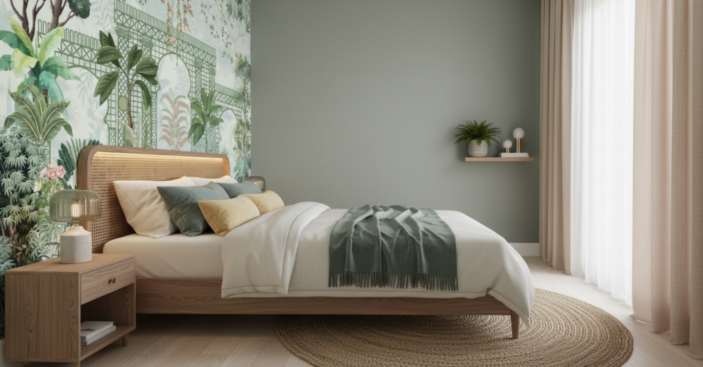 Papier Peint Jardin Tropical Romantique avec Treillis Architectural Vert - Chambre adulte