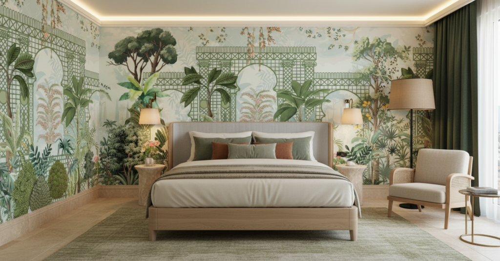 Papier Peint Jardin Tropical Romantique avec Treillis Architectural Vert - Hôtel