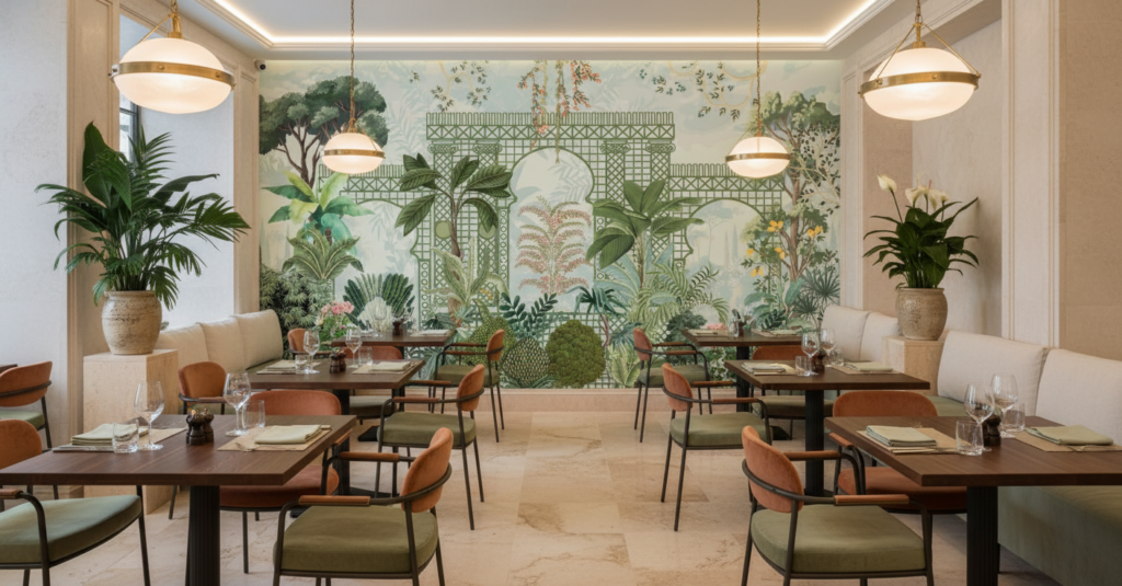 Papier Peint Jardin Tropical Romantique avec Treillis Architectural Vert - Restaurant