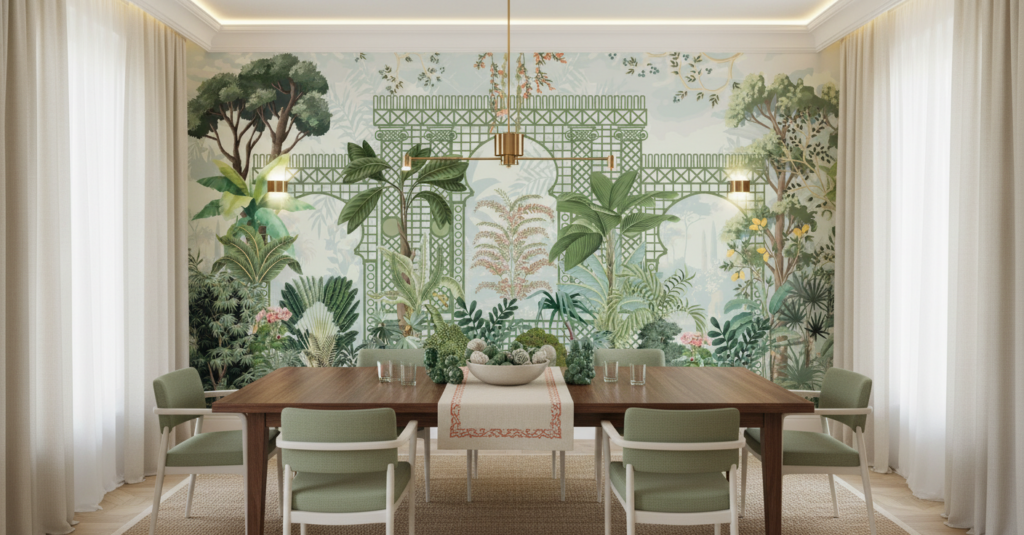 Papier Peint Jardin Tropical Romantique avec Treillis Architectural Vert - Salle à manger