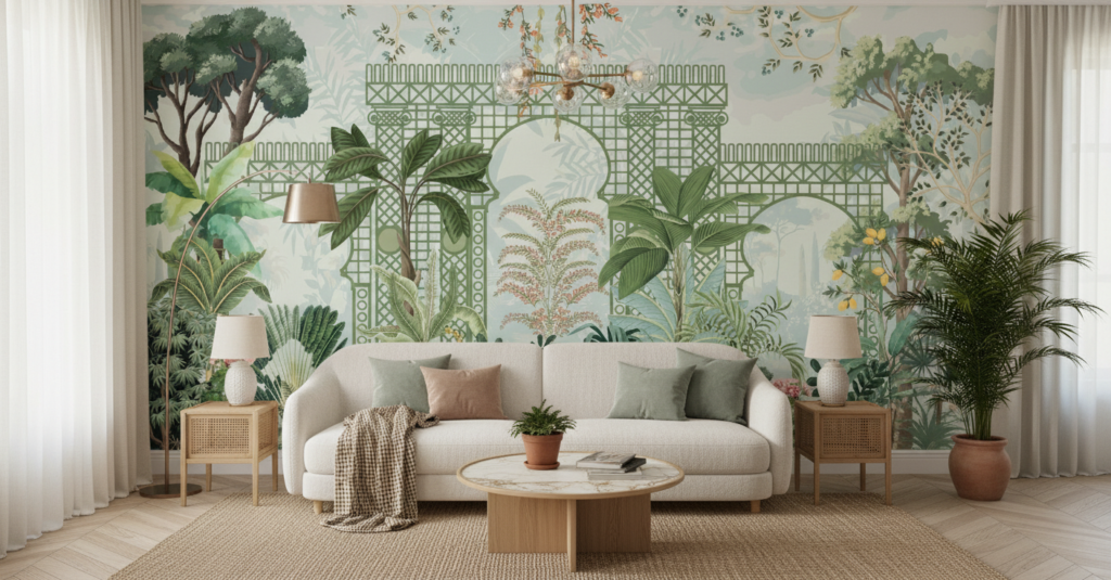 Papier Peint Jardin Tropical Romantique avec Treillis Architectural Vert - Salon / Séjour