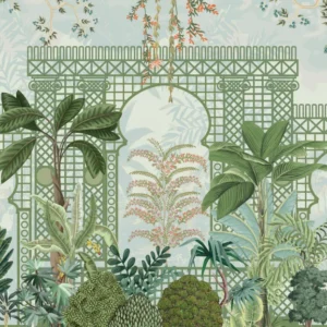 Papier Peint Jardin Tropical Romantique avec Treillis Architectural Vert