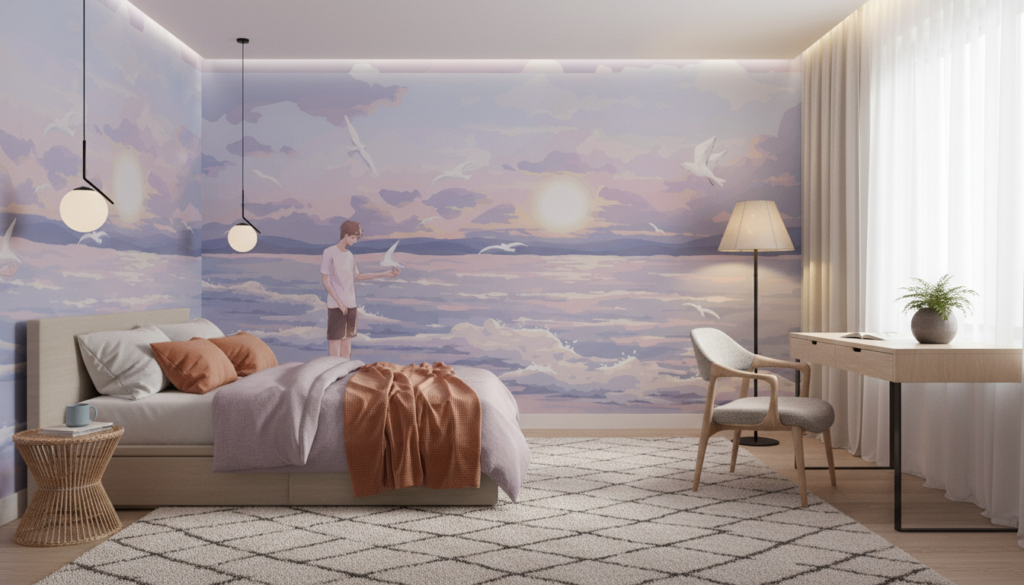Papier Peint Jeune Homme Contemplant Coucher Soleil Océan Oiseaux - Chambre ado