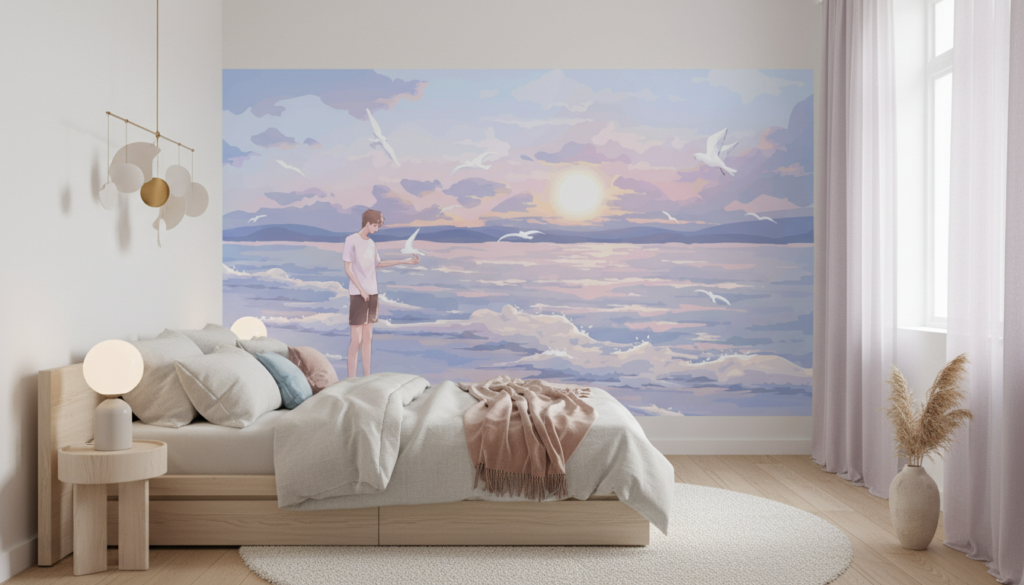 Papier Peint Jeune Homme Contemplant Coucher Soleil Océan Oiseaux - Chambre adulte