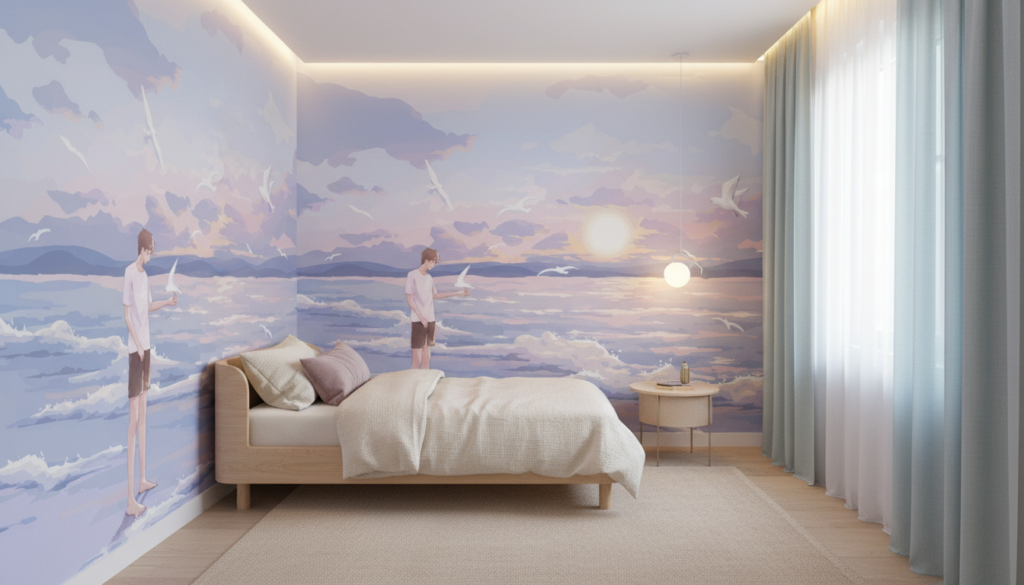 Papier Peint Jeune Homme Contemplant Coucher Soleil Océan Oiseaux - Chambre enfant