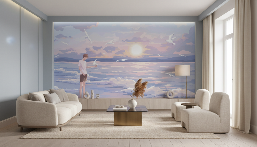 Papier Peint Jeune Homme Contemplant Coucher Soleil Océan Oiseaux - Salon / Séjour