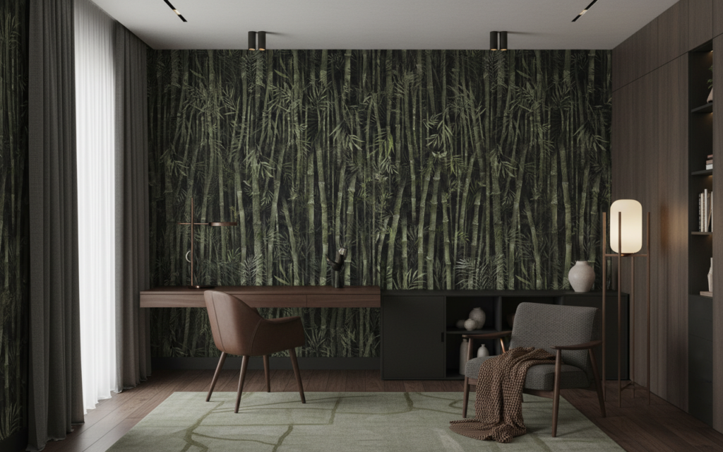 Papier Peint Jungle Bambou Vert Tropical Vintage Luxueux - Bureau