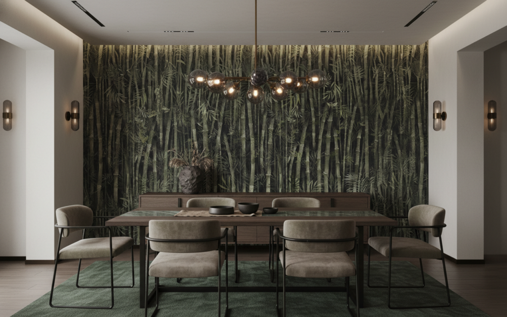 Papier Peint Jungle Bambou Vert Tropical Vintage Luxueux - Salle à manger