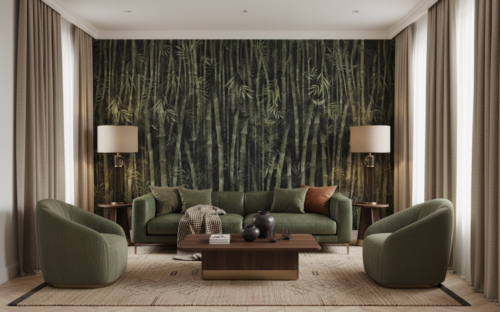 Papier Peint Jungle Bambou Vert Tropical Vintage Luxueux - Salon / Séjour