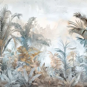 Papier peint jungle tropicale aquarelle tons poudrés et dorés