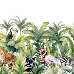 Papier peint jungle tropicale avec animaux exotiques et feuillages luxuriants