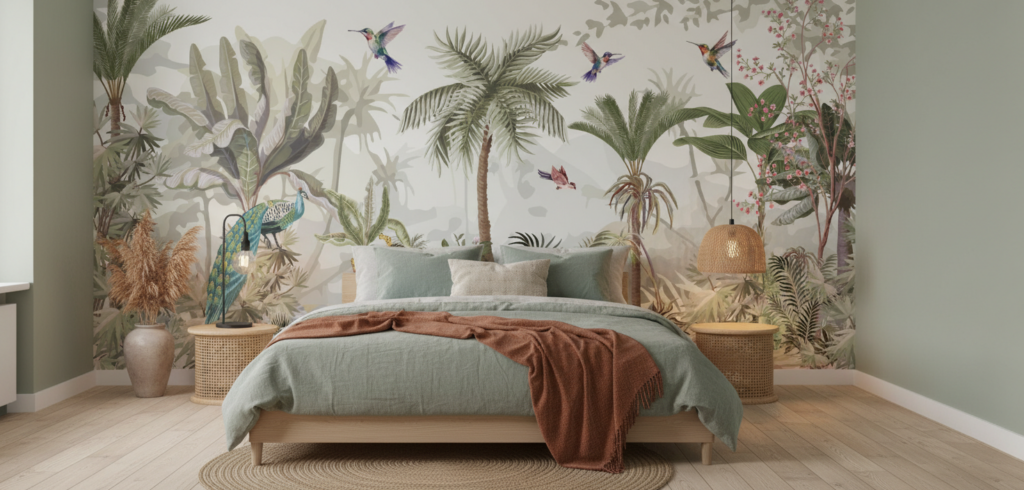 Papier Peint Jungle Tropicale avec Oiseaux Exotiques et Palmiers - Chambre adulte