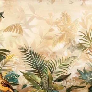 Papier peint jungle tropicale avec oiseaux exotiques et palmiers dorés