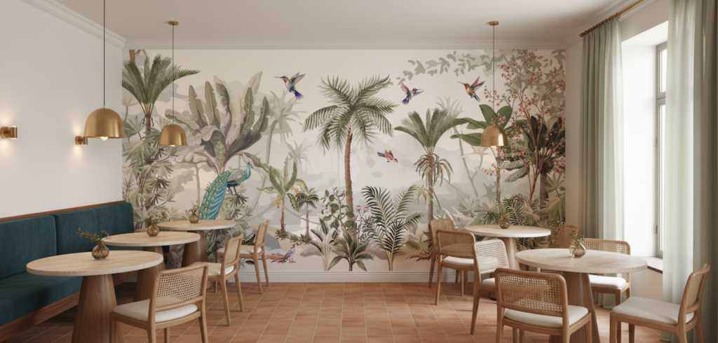 Papier Peint Jungle Tropicale avec Oiseaux Exotiques et Palmiers - Restaurant
