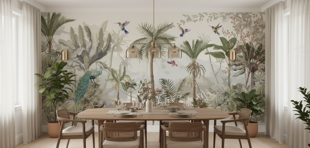 Papier Peint Jungle Tropicale avec Oiseaux Exotiques et Palmiers - Salle à manger