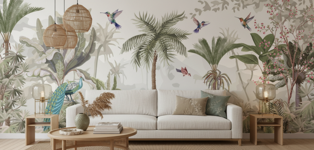 Papier Peint Jungle Tropicale avec Oiseaux Exotiques et Palmiers - Salon / Séjour