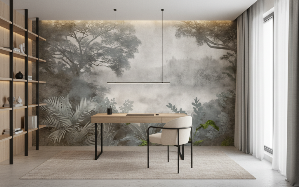 Papier Peint Jungle Tropicale Brume Matinale Atmosphère Mystérieuse - Bureau