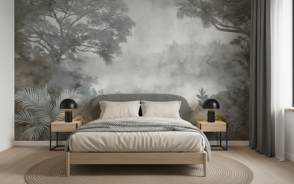 Papier Peint Jungle Tropicale Brume Matinale Atmosphère Mystérieuse - Chambre adulte