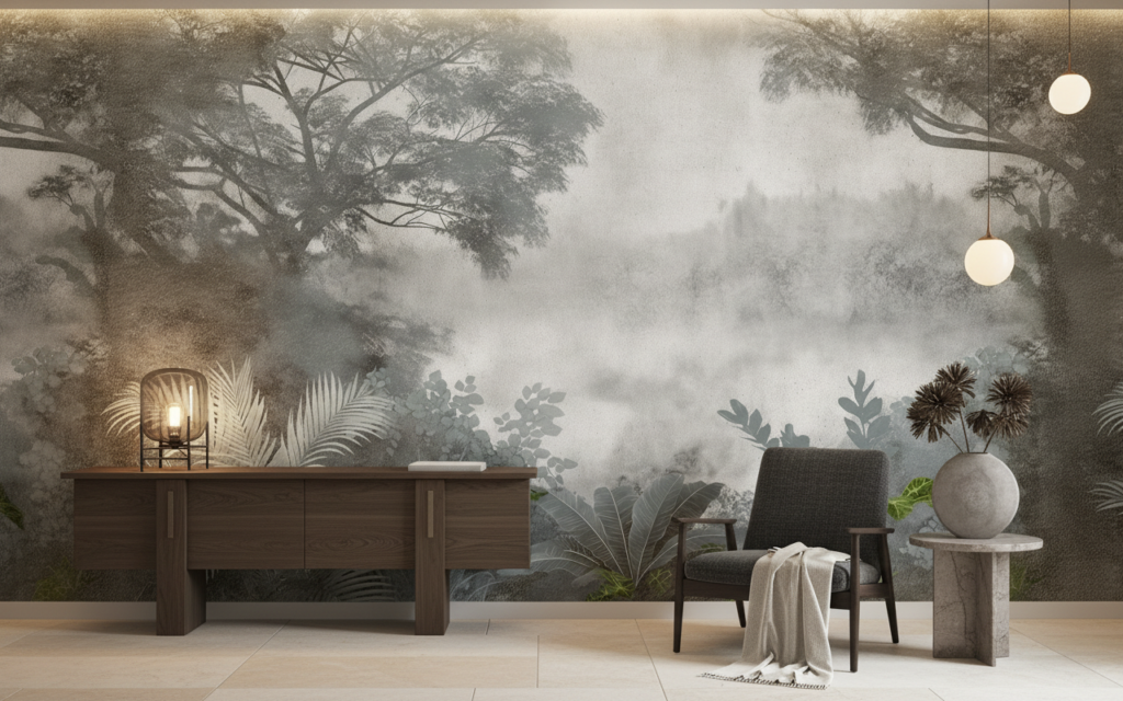Papier Peint Jungle Tropicale Brume Matinale Atmosphère Mystérieuse - Hôtel