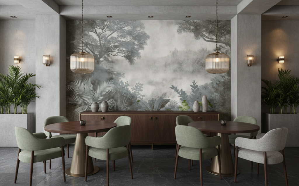 Papier Peint Jungle Tropicale Brume Matinale Atmosphère Mystérieuse - Restaurant