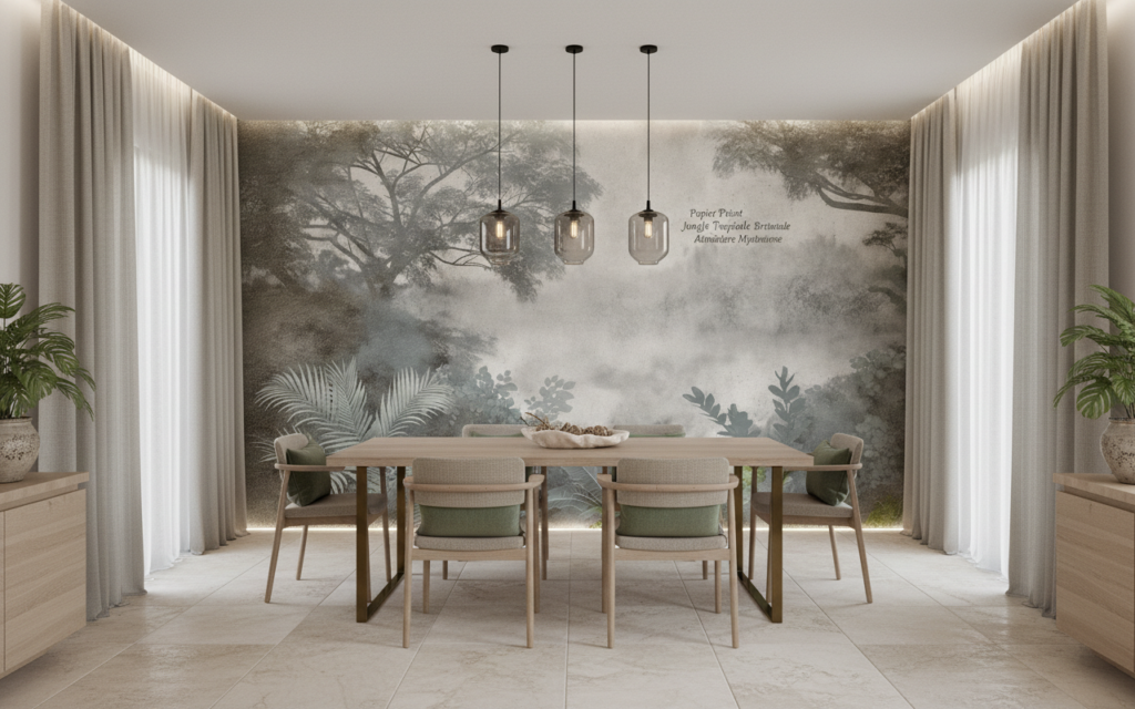 Papier Peint Jungle Tropicale Brume Matinale Atmosphère Mystérieuse - Salle à manger