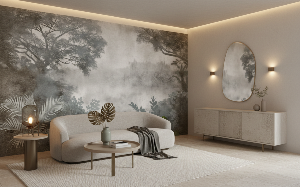 Papier Peint Jungle Tropicale Brume Matinale Atmosphère Mystérieuse - Salon / Séjour