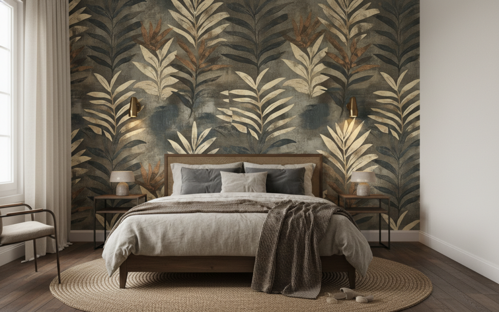 Papier peint jungle tropicale feuilles palmier effet vintage texturé - Chambre adulte