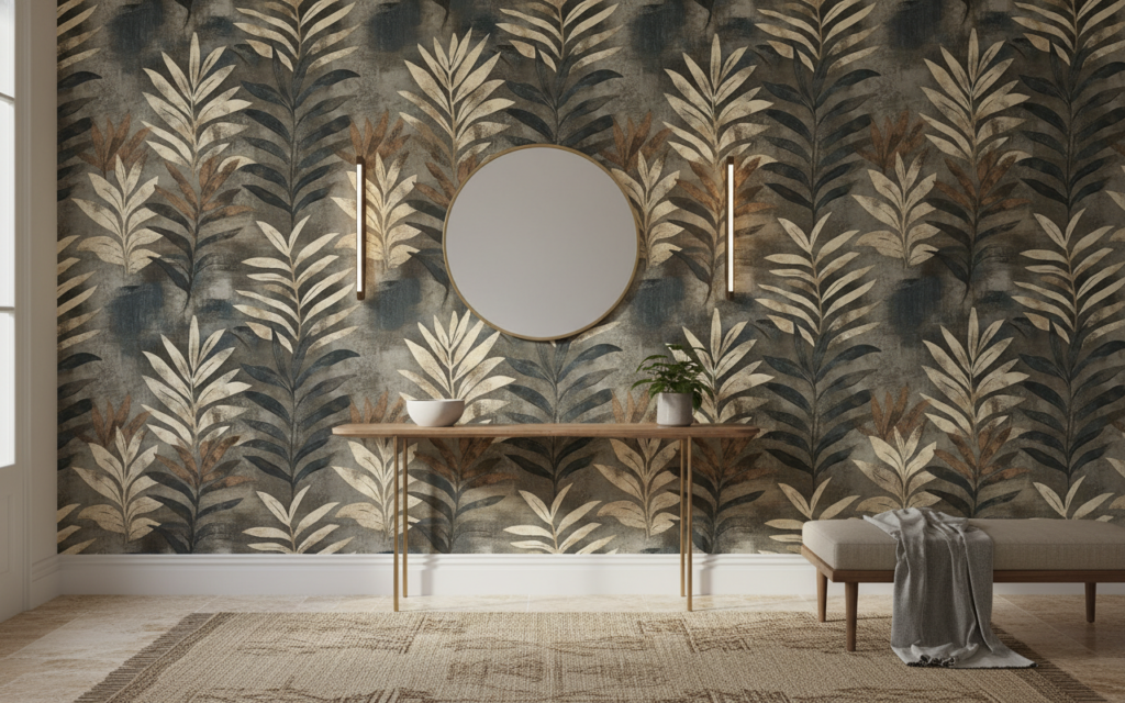 Papier peint jungle tropicale feuilles palmier effet vintage texturé - Entrée