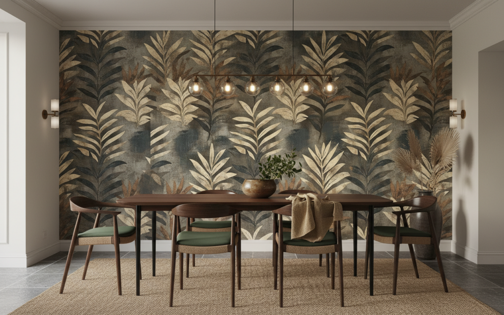 Papier peint jungle tropicale feuilles palmier effet vintage texturé - Salle à manger